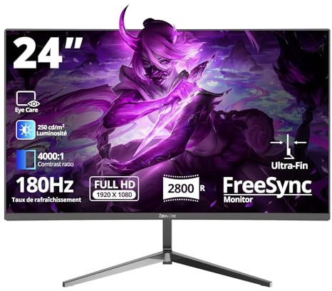 ZovvJee Écran PC Gamer Courbé 24 Pouces 180Hz - Résolution FHD 1080p, Temps de Réponse 1ms, FreeSync, 100% sRGB, Bordure Ultra-Fine, Angle de Vue 178°, HDMI/DisplayPort, Mural VESA 75x75mm - Noir