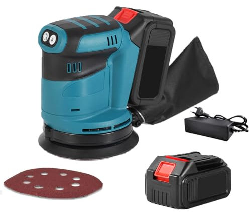 Exzenterschleifer, 190W Exzenterschleifer Akku 18V mit 3 variablen Geschwindigkeiten von 7000–11000 U/min, 125mm Akku Schleifer mit 1 Blatt Schleifpapier zum Polieren und Schleifen von Holz (1*Akku)