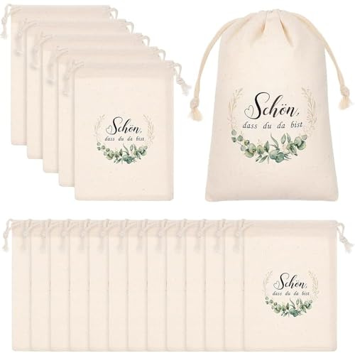 XFSRG 20 Stück Dass Du Da Bist Geschenktüten Baumwoll Stoffbeutel mit Kordelzug Geschenksackerl für Taufe Geburtstag Hochzeit Geschenkbeutel mit Kordelzug Kleine Dankes Geschenke (Beige 2)