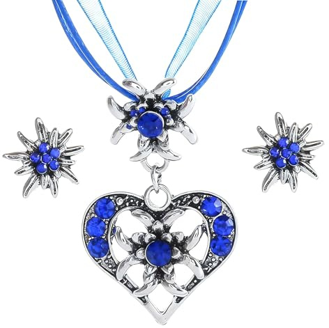 TJUSPIRIT 3er Trachtenschmuck Set Dirndlschmuck Edelweiß Schmuck-Set Trachtenkette & Ohrstecker Dirndl Schmuck für Oktoberfest Trachtenfest Dirndl Outfit(Dunkelblau)