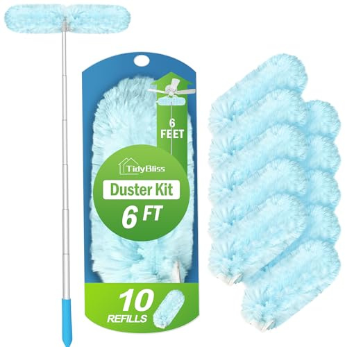 TidyBliss Duster for Flash Dust Magnet Starter Kit, 180 cm Long Telescopic Handle Magic Static 360 Degree Heavy Duty Microfibers Dusting Remover Brush with 10 Refills for Cleaning Ceiling Fan Wall