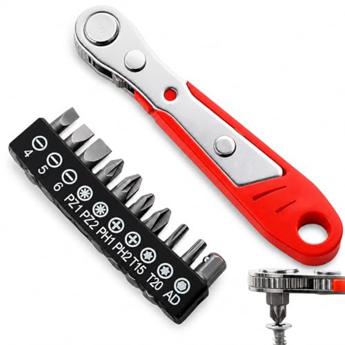 Right Angle Phillips Magnetic Screwdriver for Awkward Space, Mini Ratchet Wrench Set, Mini 1/4” PH2 Ratchet Wrench with 10 Bits, Offset Driver with Flexible Handle, 90 Degree Ratcheting Short Driver