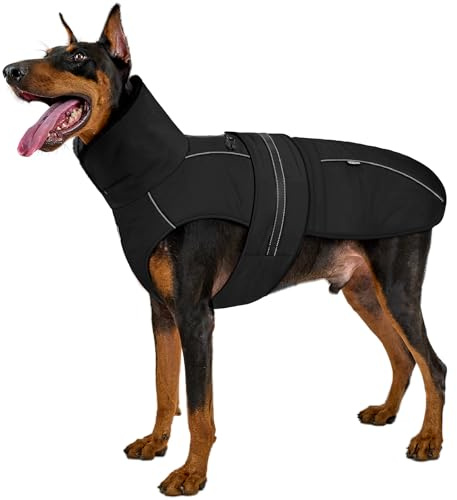 OneTigris Hundemantel, STORMWALL Wasserdicht Hundejacke mit Verstellbarer Rückenlänge Fleecefutter Reflektierend und Fellkragen für Wanderungen Outdoor für Mittelere & Große Hunde Schwarz XL