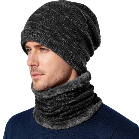 viiotu Mens Winter Hat and Scarf Set Fleece Lined Knit Warm Ski Cold Weather Accessory One Size Fits Most (Black)