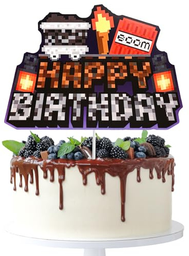 Décoration de Gâteau d'Anniversaire Pixelisée, Motif Mosaïque Blocs de Construction Thème Jeux Vidéo pour Une Fête d'Anniversaire Garçons et Filles