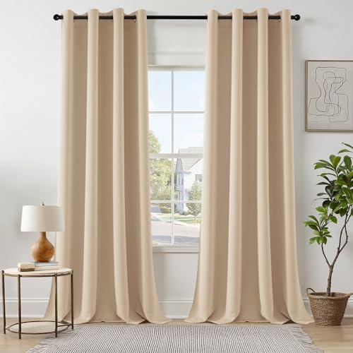 EMEMA Verdunklungsvorhänge mit Ösen 2er Set 140x300cm Dunkelbeige Gardinen | Blickdicht Vorhänge mit Ösen 300CM Lang bdunkelnde Thermovorhang für Wohnzimmer Schlafzimmer Ösenvorhänge H300xB140CM