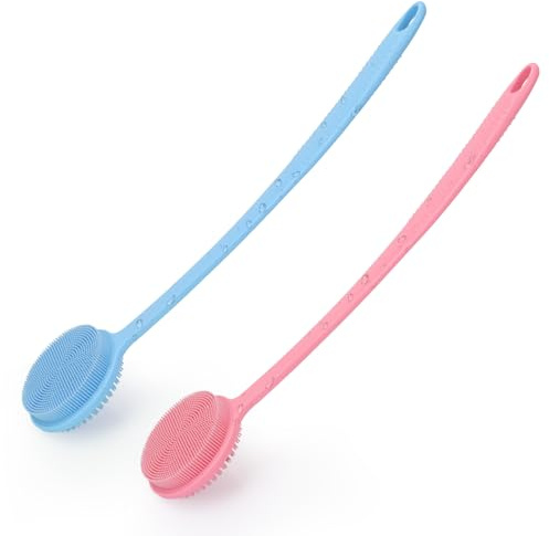 Ryggborste, dusch, set med 2, långt handtag silikon, ryggborste, peeling, kroppsborste, duschborste, rygg, body scrubber silikon, badborste, massageborste, kropp för kvinnor män
