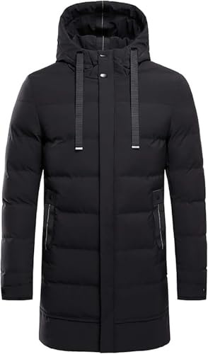 FlutVolt Vinterrock för män med dragsko och ficka, lång dunrock, smal passform, tjock varm utomhusjacka, långa quiltade rockar med huva, varm vinterparkas, vinterjacka för män, parkas