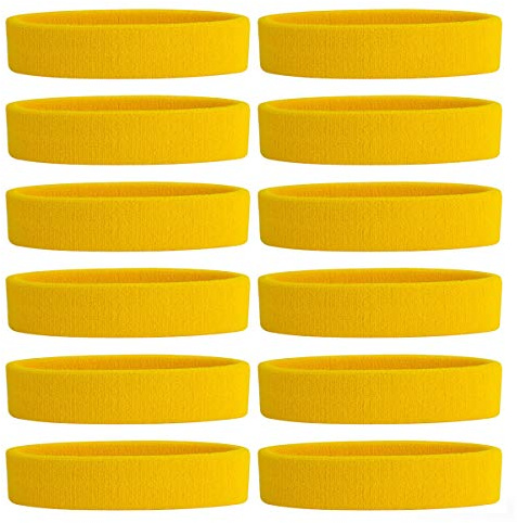 ONUPGO Svettband, pannband för män och kvinnor, sportpannband i fukttransporterande bomullsfrotté, atletiskt och svettabsorberande, 3 st (12 pannband, gula)