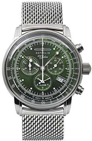 Zeppelin Herrenuhr mit massivem Edelstahl Milanaiseband Serie 100 Jahre Chronograph Datum Alarm 8680M