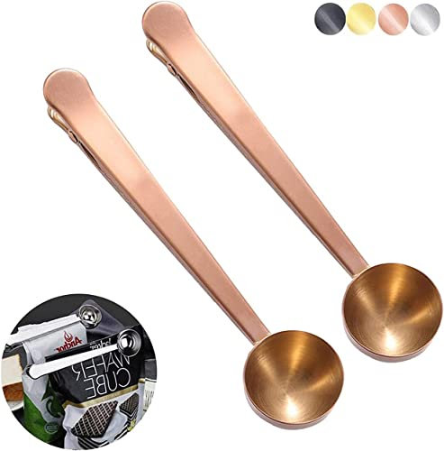 2 Pack Coffee Scoop, Stainless Steel Measuring Spoon with Coffee Bag Clip for Ground Coffee, Espresso, Coffee Beans (Rose Gold&Rose Gold)