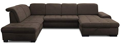 CAVADORE U-Form Lexi mit XXL-Longchair / Inkl. Bett, Bettkasten, Stauraum und Kopfteilfunktion / Leichte Fleckenentfernung dank Soft Clean / 329 x 82-99 x 224 / Flachgewebe: Braun
