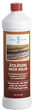 Ätzlösung nach Adler/Ätzmittel nach Adler von Emil Otto, 1.000 ml in kindersicherer Flasche, zur Sichtbarmachung von Grobkorn und zur Prüfung von Schweißnähten
