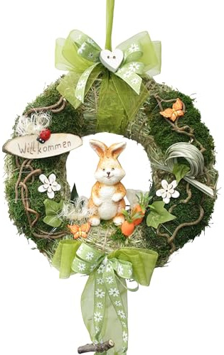 Türkranz Osterkranz D28 mit Hase, Grün Natur | für Tür und Wand, Handgefertigt in Deutschland, mit Schleife und Willkommen-Schild