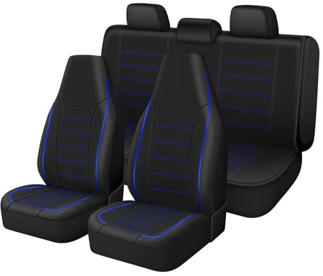TOYOUN Classic Universal PU Leather Car Seat Covers Full Set High Back Bucket Seat Cover - Fit Most Cars, Trucks, SUVS, or Vans 2 PCS Blue Trim Auto Seat Covers Set Car Seat Protector, Blue