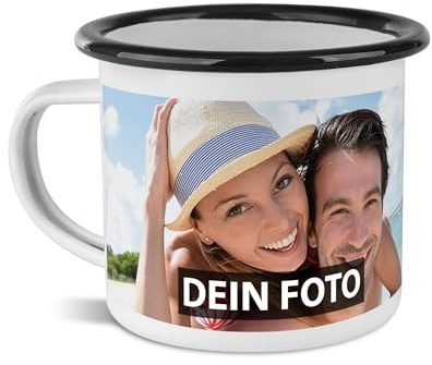 Tasse mit Foto und Text selbst gestalten - Wunschtext, Wunschfoto, Geburtstag, Weihnachten - Emaille Rand Schwarz, 300 ml I Personalisiert
