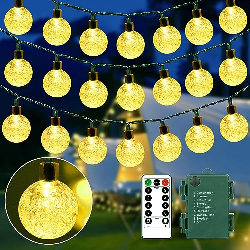 GCMacau Lichterkette Außen Batterie, 13M Lichterkette - 80LED Outdoor Batteriebetrieben, Kristallkugeln, Graphitgrünes Kabel,Wasserdicht (IP65), Fernbedienung - Ideal für Weihnachten, Innen, Balkon