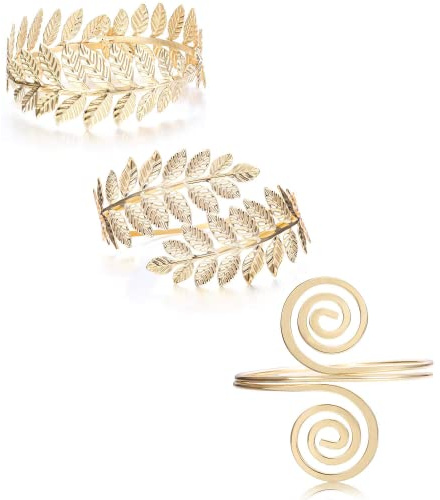 JeryWe 3 Pcs Gold Upper Arm Bracelet Cuff for Women Alloy Adjustable Bracelet Open Armlet Leaf Armband Jewelry Set Minimalist Simple Greek Armlet Wedding Fashion Jewelry