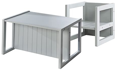 roba Set Tavolo + Sgabello per Bambini - Convertibile in Panca - Stile Country – Mobili per Bambini – 3 Altezze – Multifunzionale - Legno Laccato Grigio
