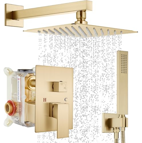 Midanya Shower Faucet Set,Wall Mount Shower System with Square Rain Shower Head and Hand Sprayer, Rough-in Valve Body and Trim Kit Included,10 Inch,Brushed Gold
