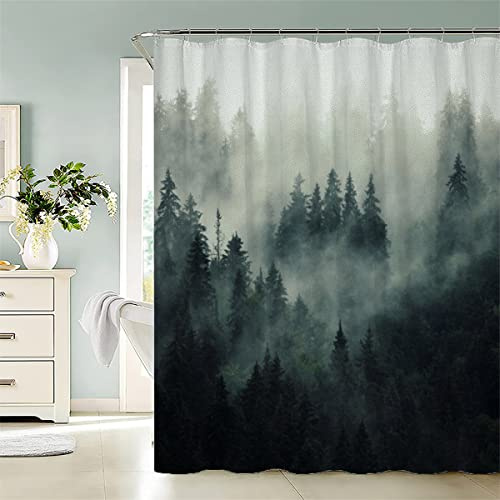 AASIRA Tannenwald Duschvorhang Anti-Schimmel 120x180 Badezimmer Badewanne Wasserdichter Duschvorhänge Retro-Wald Polyester Textil Waschbar Badvorhang mit 12 Duschvorhang Hake