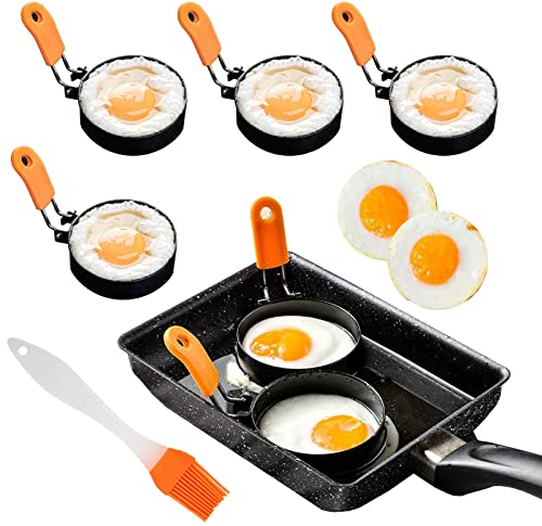 Eierformer Eierring Spiegelei Eierform Form Eierringe für Die Pfanne mit Silikon Bürste & Griff für Brat Eier, 4 Pack Runde