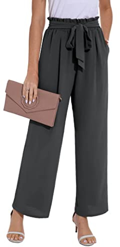 PrinStory Damen Hose Mit Weitem Bein Leichte Elastische Taille Sommer Hose Mit Taschen Kausale Arbeit Hose