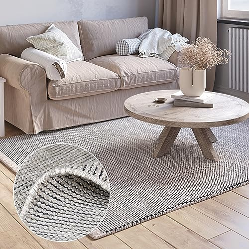 MY-RUG handgewebter Teppich 80x150 cm aus Wolle | weicher Woll-Teppich Wohnzimmer | handgemachter Wollteppich | flach gewebter Wohnzimmerteppich | Wendeteppich aus Naturfaser | beige Creme grau