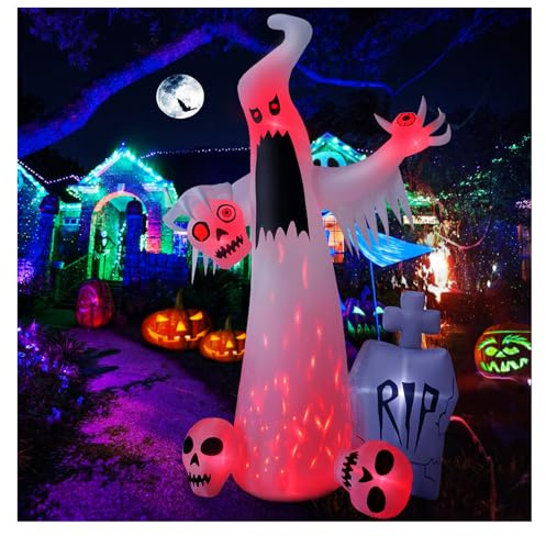 HOPOCO 12 FT Halloween Inflatables Outdoor Halloween Blow Up Yard Decorations Horror White Ghost with 3 Skull Heads Bleeding Eyeball Tombstone Halloween Decorations Clearance for Party Yard Garden