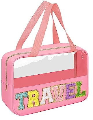 Ikosora Chenille Letter Nylon Kosmetiktasche, Kosmetiktasche mit Reißverschluss und Griff, niedliche College-Stil Mehrzweck-Kosmetiktasche, PVC Carrying Waterproof Travel Cosmetic Bag (Rosa TRAVEL)
