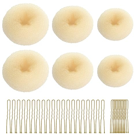 CORTNEY Hair Donuts for Buns Maker Set, 6 Pcs Beige Hair Bun Ring Maker, 30 Pcs Blonde U Shaped Hair Pins, for Doughnuts Chignon Hair Styles, Ballet Dancers Kids Girls and Women