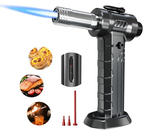 Megainvo Dual Flame Butane Torch Lighter, 18g Large Capacity Refillable Kitchen Torch w/Visible Window & Safety Lock, Adjustable Flame Blow Torch for Cooking DIY Creme Brulee - No Gas Included