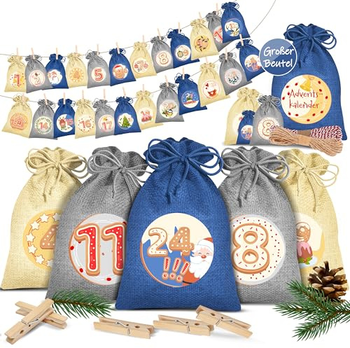 KESSER® Adventskalender zum Befüllen 24 Jutebeutel 16 x 12 cm Gedruckte Stoffbeutel Kinder Weihnachtskalender zum Selber Befüllen Inkl.. 24x Schildchen + 1 Großer Aufbewahrungsbeutel Stoff