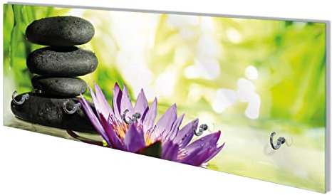 Wallario Wandgarderobe aus Glas in Größe 80 x 30 cm mit Memoboard-Funktion, Motiv: Steinstapel in schwarz mit Blumenblüte in lila | 5 Kleiderhaken zum Aufhängen von Jacken