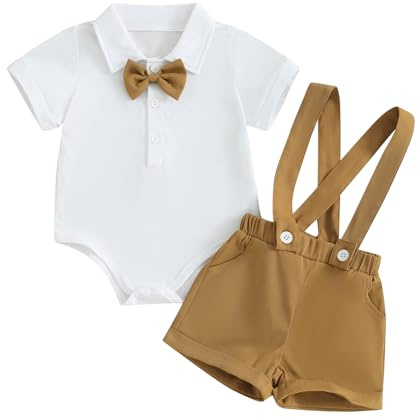 Dazzerake 2 Pezzi Completi per Neonato Tutina da Gentiluomini Estivi Pagliaccetto Camicia a Maniche Corte con Papillon + Salopette Pantaloncini con Bretelle 0-24 Mesi