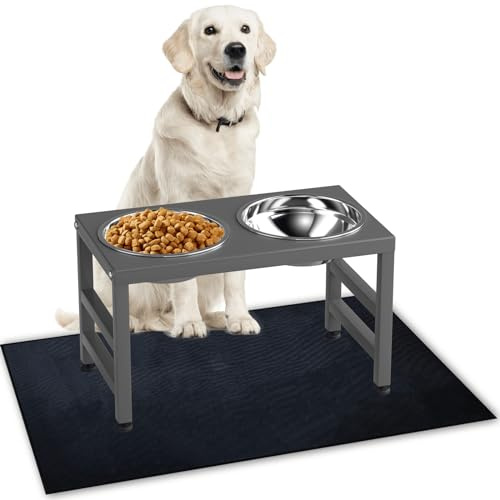 ADENGL Erhöhter Futternapf aus Metall, 25,4 cm hoch, erhöhter Futterspender für Hunde, mit 2 x 1,2 l Edelstahlnäpfen und 40,6 x 61 cm Anti-Rutsch-Matte, Ständer