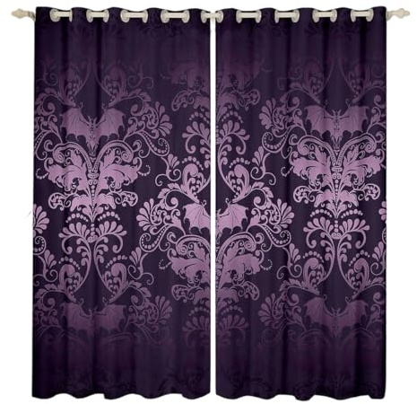Homewish 30%-50% Blackout Curtains, Antique Victorian 2 Panels 66 Wx72 L, Vintage Floral Goth Drapes for Bedroom, Bats Sugar Skull Boho Baroque Decor, Purple Lilac