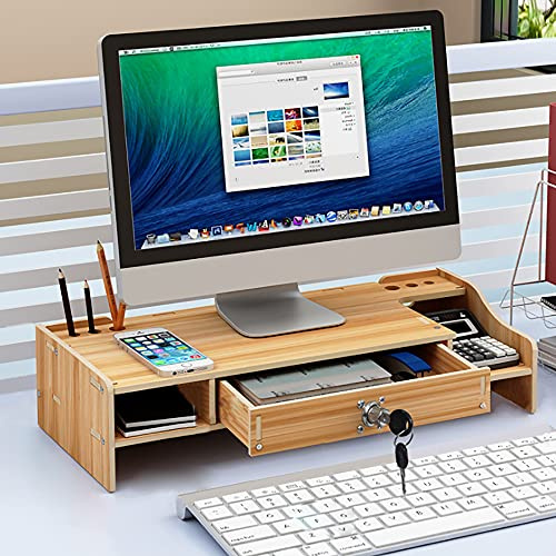 MINRS Supporto per monitor in legno, supporto per schermo ergonomico, supporto per laptop e stampante con cassetto con serratura, supporto per desktop con supporto per smartphone per monitor PC