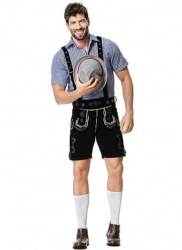 Lederhose Herren Tracht Set, Halloween Oktoberfest Männer Outfit, Bayrische Wiesn Lederhose Tracht Komplettset, Enthalten（Lederhose Herren, Trachtenhut Männer, Trachtenhemd ）