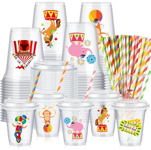 Boao Set di 36 bicchieri da circo con coperchi e cannucce di carta, 396,9 g, per circo, carnevale, feste di compleanno, bomboniere, circo, carnevale, bicchieri usa e getta in plastica trasparente