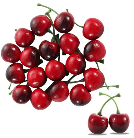 Goiern 20 Stück künstliche Kirschen, Falsche Obstdeko Simulation Kirschenmodell lebensechte Obst Kirschen Verzierung, Heim Küche Party Dekoration Schreibtisch Verzierung(Schwarz Rot)