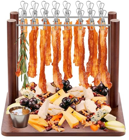 Wonderjune Bacon Serving Dishes Wooden Bacon Display Holder Simple, Quick, and Easy to Use Bacon Rack for House Warming Gifts(2 Hanger,13 Inch)