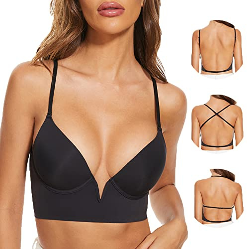 Zetopump Reggiseni a Schiena Bassa-con Scollo Multiway -con Schiena Scoperta e Ferretto Invisibile-Reggiseni Convertibili con Taglio Basso per Le Donne(Black, 2B)