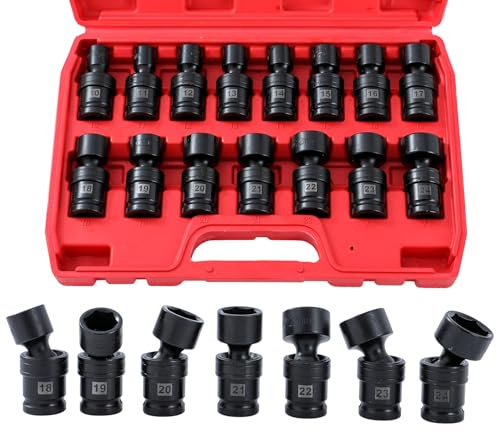 KATSU-verktyg 1/2-tums drivenhet vridbar slaguttag set 15-delar, metrisk, 10-24 mm, 6-punkts, CR-MO stål, universell flexibel wobble grunda uttag 420412