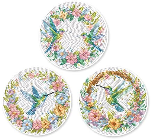 SHEGZHUC 3 Pack Diamond Painting Tableware Mat Place Mat Hummingbird Bird 15 cm Diamond Painting Placemats Pot Coasters with Non-Slip Plate Mat Table Decoration Place Mats for Bowls Pans Pans