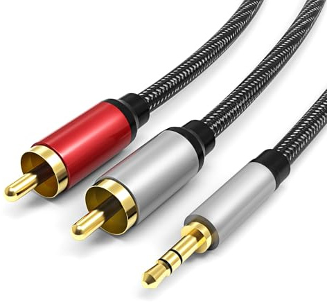 3.5mm to 2 RCA Audio Cable 10M/33FT, Male Stereo Y Splitter, Nylon Braided | 24K gold-plated plugs, oxygen-free copper core and bidirectional stereo sound; 10,000-bend durability for TV, speaker and car
