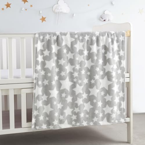 CREVENT Suave y cálida Manta de Forro Polar para niñas y niños, básicos para recién Nacidos, Regalo para Baby Shower - Gris Estrella 75X100cm