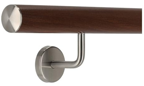 TIBU Corrimano in alluminio noce, decorazione in legno, 30 – 600 cm, corrimano da parete in acciaio inox, lunghezza 60 cm, con 2 supporti e tappo leggermente bombato