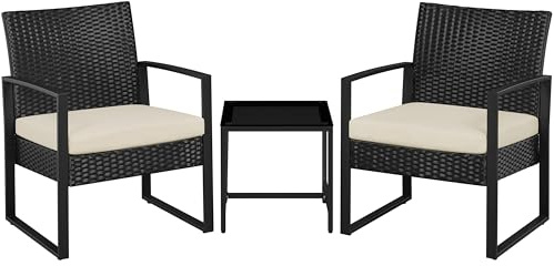 Yaheetech Juego de Sillas y Mesa Exterior Conjunto de Muebles Exterior Terraza Juego de Silla de Ratán para Jardín Balcón con Cojines Impermeable Begei