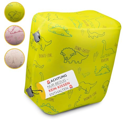 UMBAPA® Aufblasbarer Fußstützen-Bezug fürs Flugzeug – Stretch & Waschbar, Perfekte Passform für Kids Airplane Footrest, Designs Dino Greeny – Reise-Zubehör für Auto, Bus & Langstreckenflug